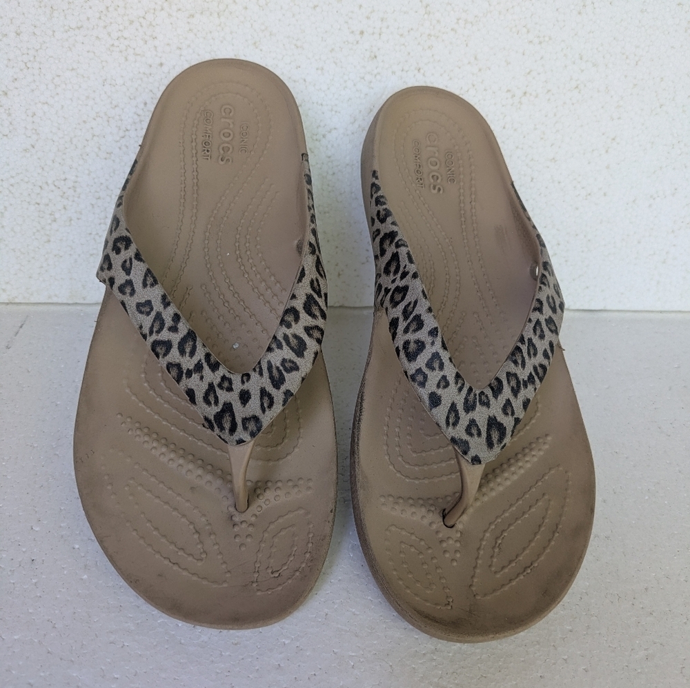 Crocs Women's Tan Leopard Sandals - Picture 2 of 4